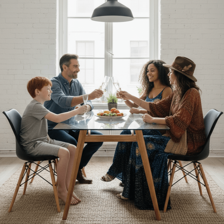Dining Chair - 6 black Emma chairs at a glass table with wood look legs in a homy setting with a family - That Couch Place