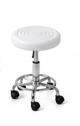 Adjustable White technician stool with chrome base and wheels for salon or medical use