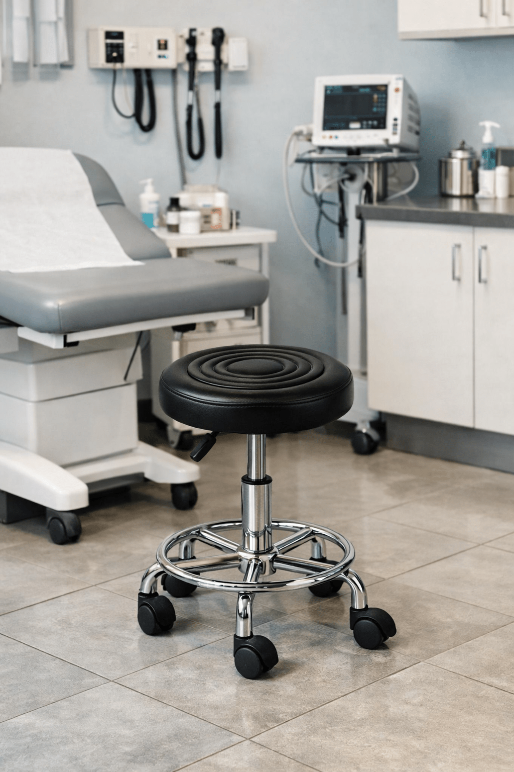 Black Rolling Salon Stool / Swivel Work Stoo/ Lab Stool: Used in scientific or analytical chemistry laboratory settings.