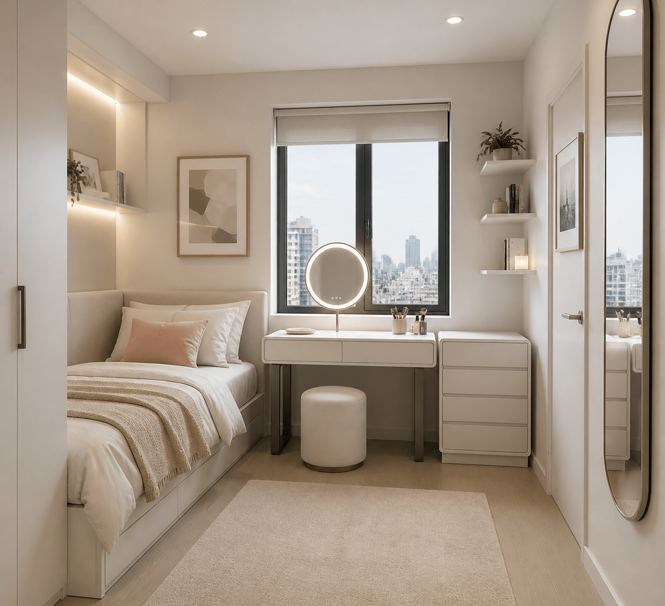 Modern bedroom with bed, desk, and city view window - That Couch Place