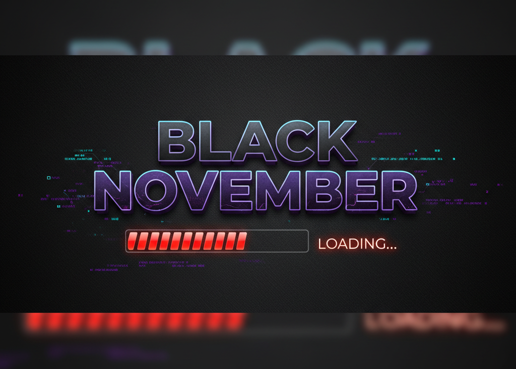 Text 'BLACK NOVEMBER LOADING...' with digital effects on a dark background