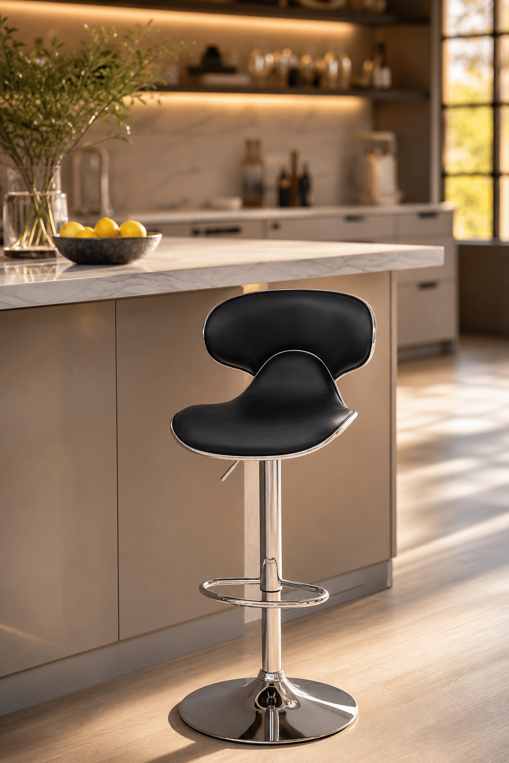 A modern black PU leather swivel bar stool with a chrome pedestal base and footrest, positioned in a contemporary kitchen setting.