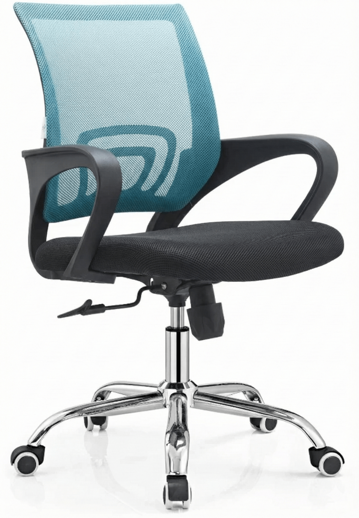 Office chair with black seat and blue mesh backrest on a white background