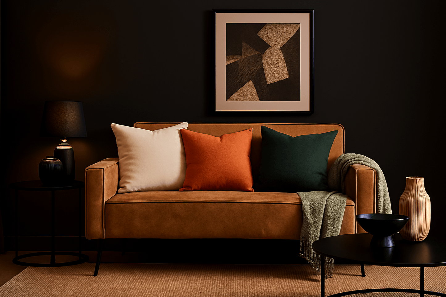 Brown leather sofa with colorful pillows in a dimly lit hotel room. Comfort Couch - That Couch Place