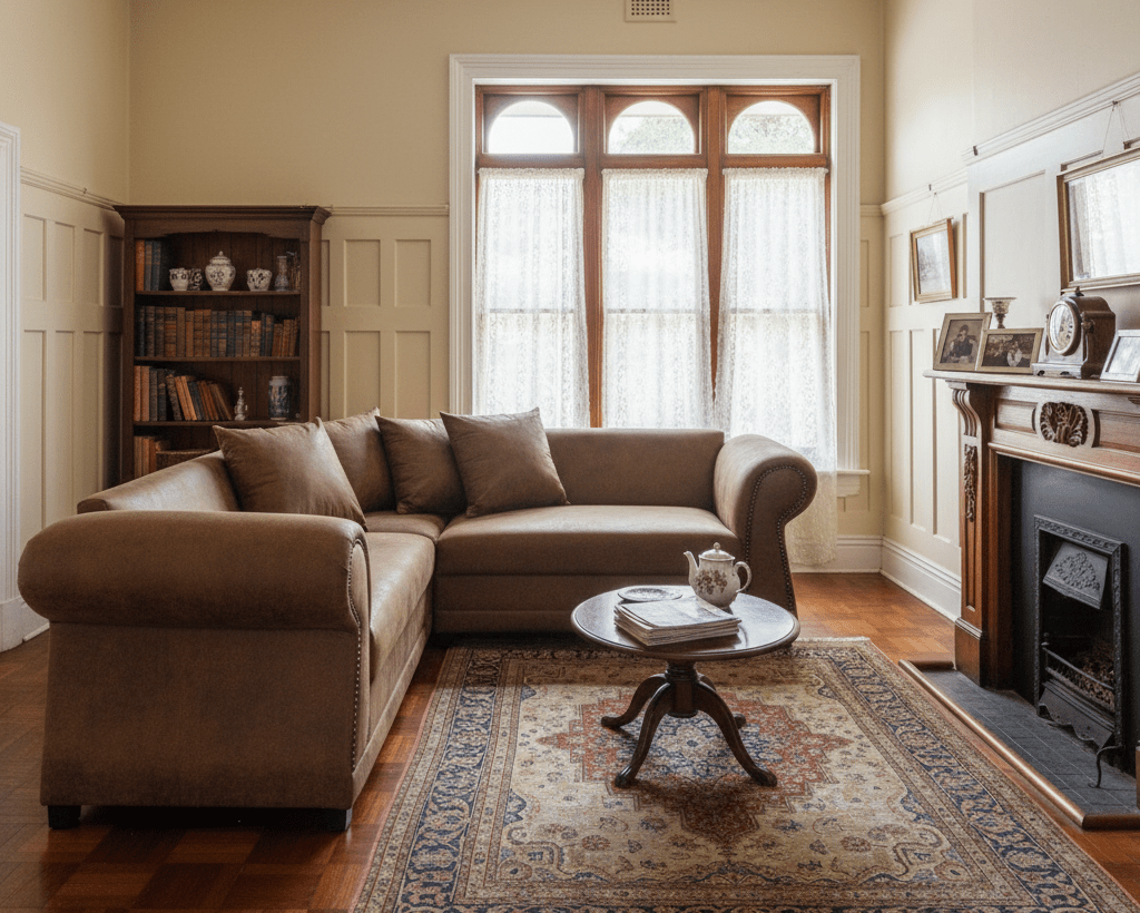 Living room with brown Victorian rolled arm styled sectional sofa, round coffee table, and fireplace. That Couch Place