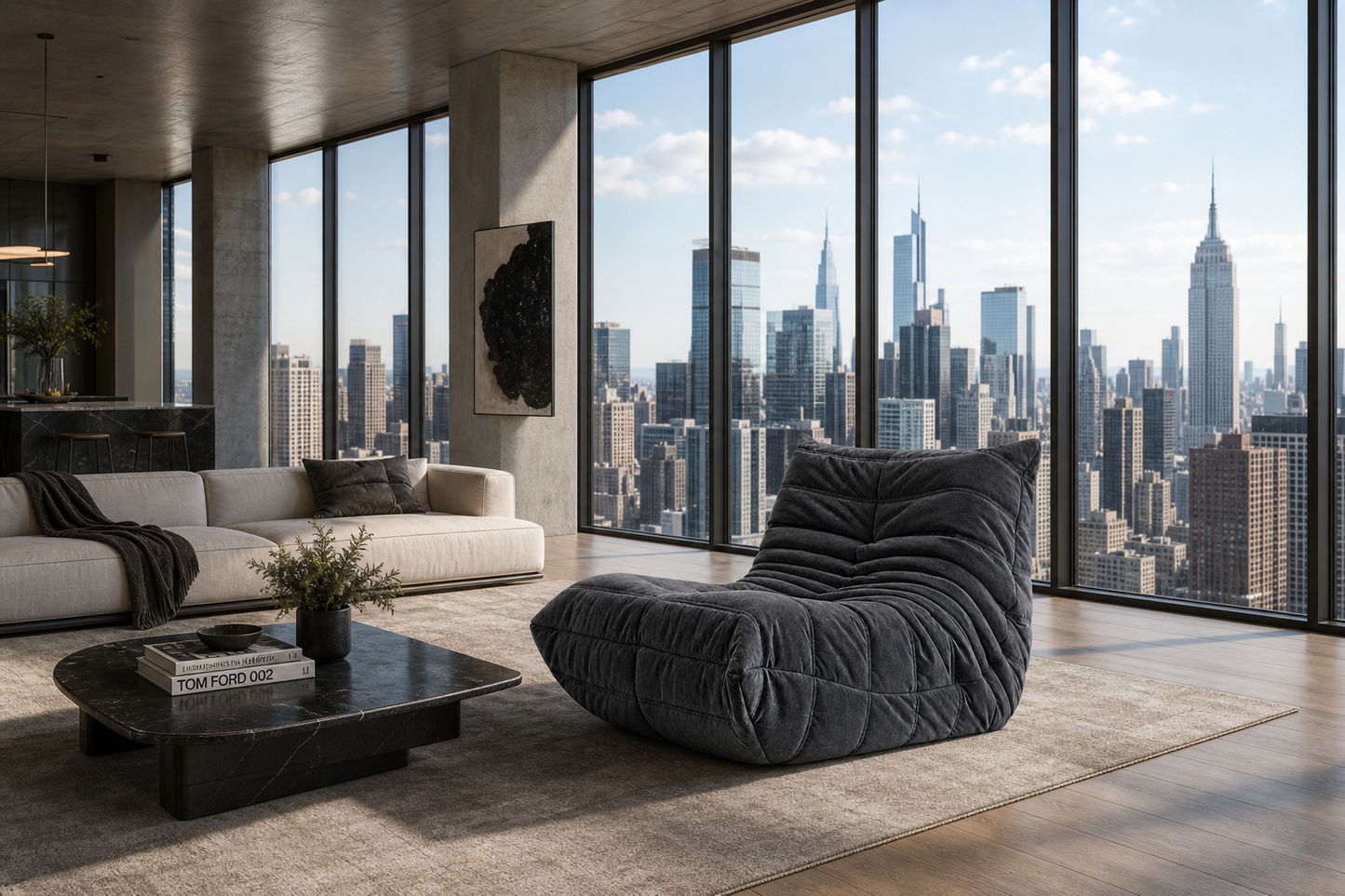 Modern living room with a city skyline view