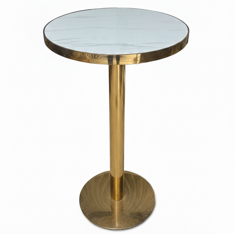 Round bar table with gold base and white marble top on a white background That Couch place