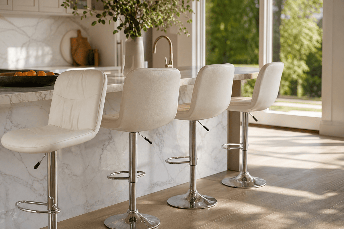 Chrome based modern chairs n white placed at a contemporary kitchen island