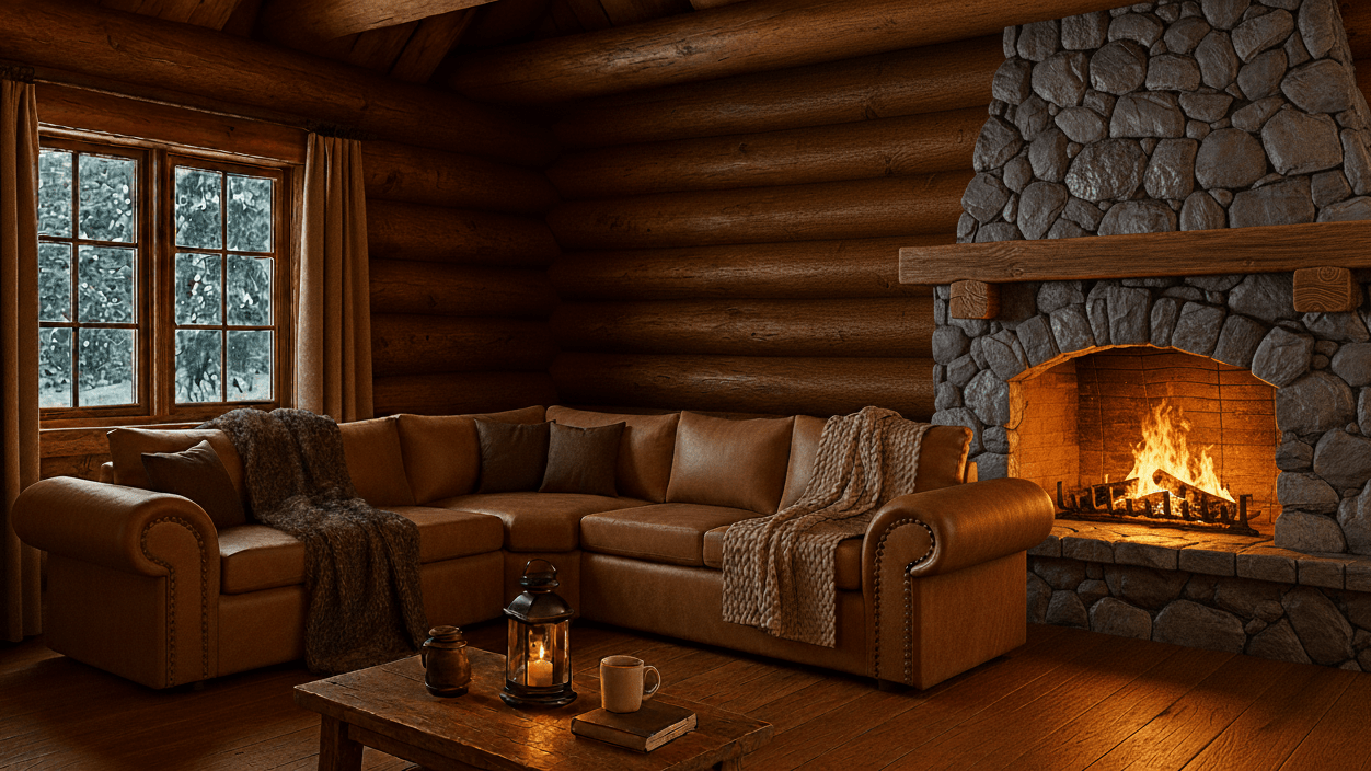Cozy living room with a stone fireplace, brown corner couch sectional sofa, and wooden coffee table. That Couch Place