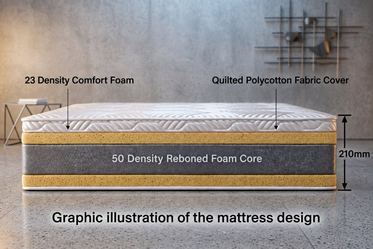 A graphic illustration of a mattress cross-section with labeled layers: 23 Density Comfort Foam on top, Quilted Polycotton Fabric Cover, 50 Density Reboned Foam Core, and a tan support base. Text at the bottom reads 'Graphic illustration of the mattress design.