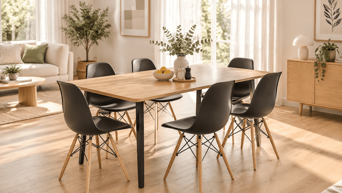 Dining Room Table and Chairs in a scandanavian styled home with wood floors