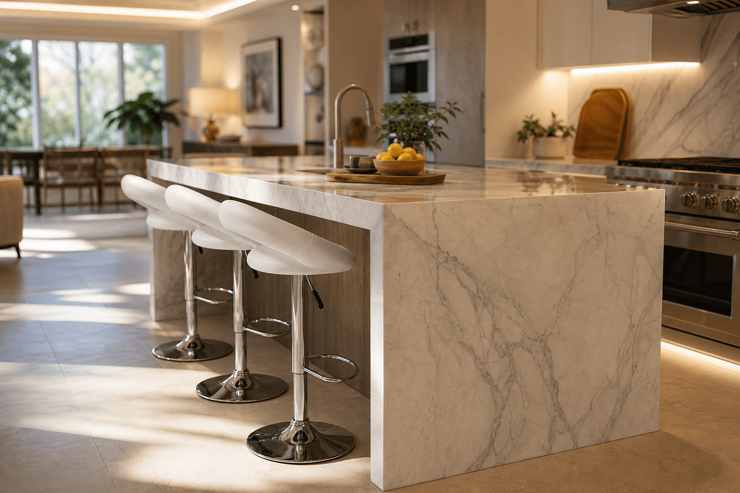 A modern kitchen island made of light beige marble with white and chrome bar stools in a bright, contemporary kitchen.