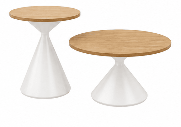 Two modern round accent tables with light natural wood tops and white sculptural cone bases, shown on a plain white background.