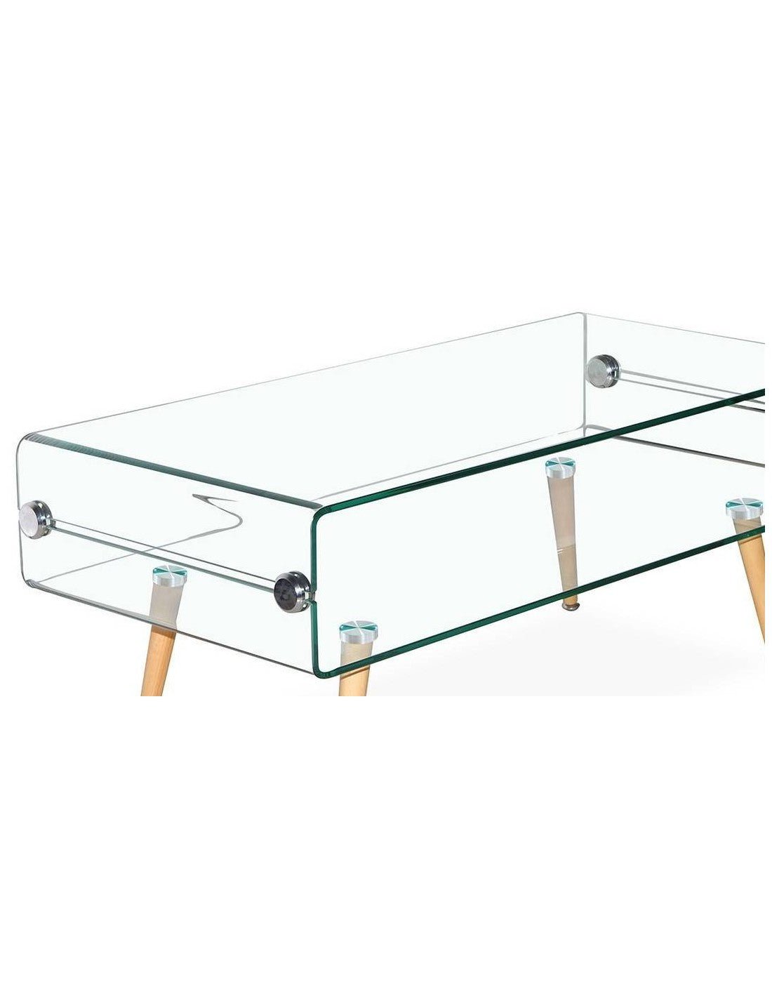 Clear glass coffee table with wooden legs on a white background