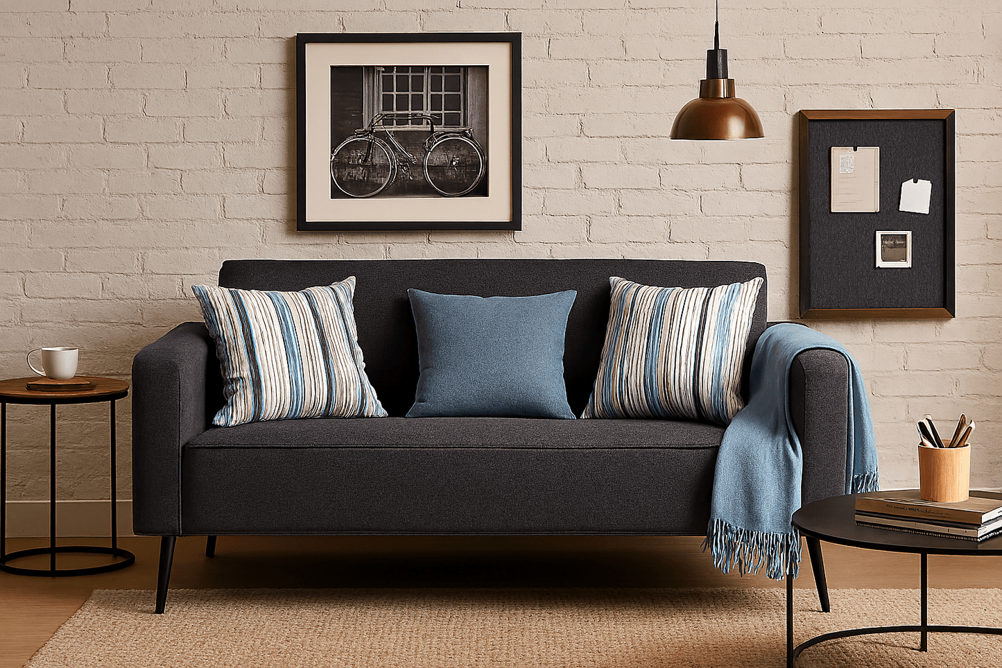 Comfort Couch in an Airbnb apartment with blue decor cushions and picture frame - That Couch Places