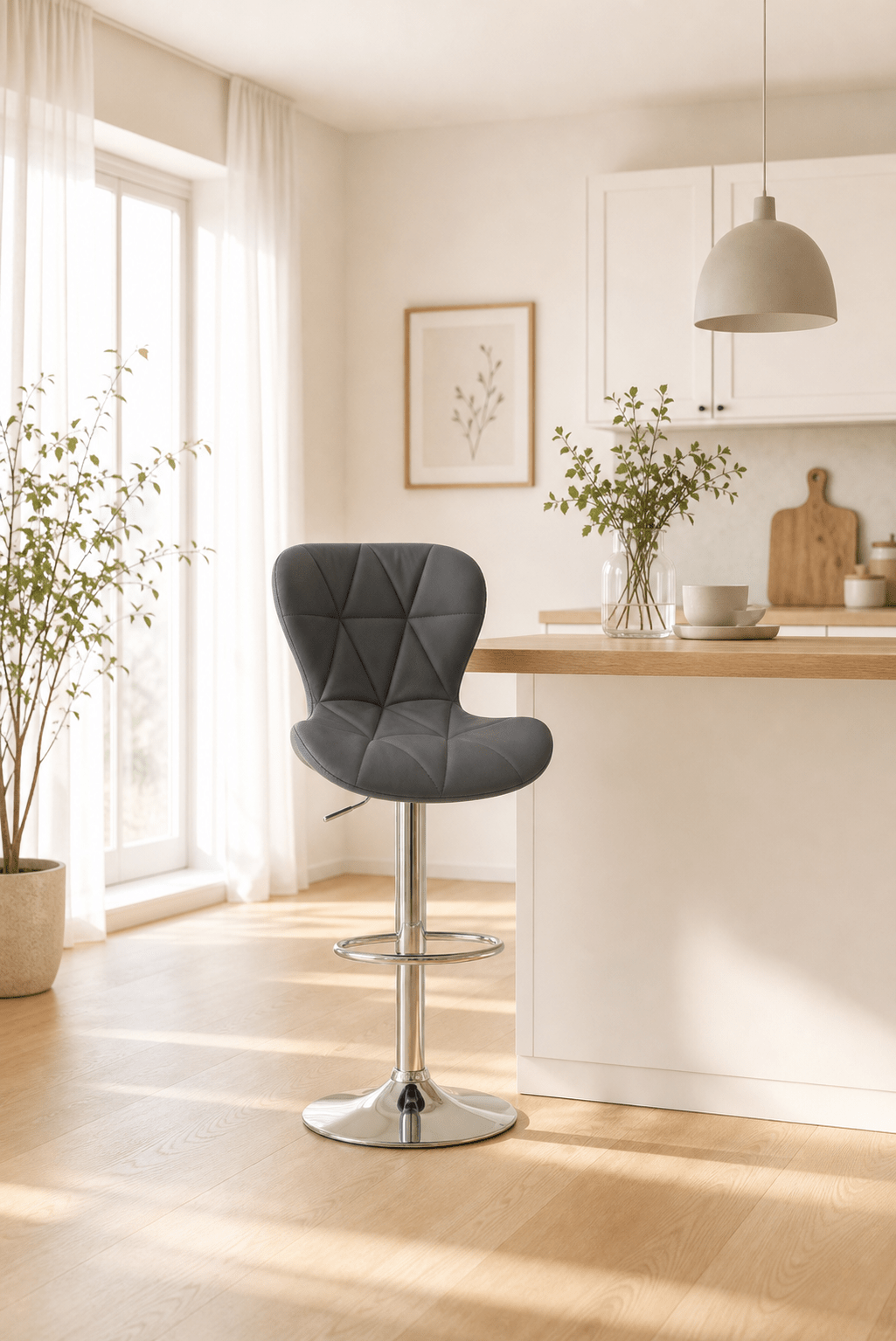 Grey Bar Chair with silver chrome legs in Kitchen with white cupboards and brown countertop