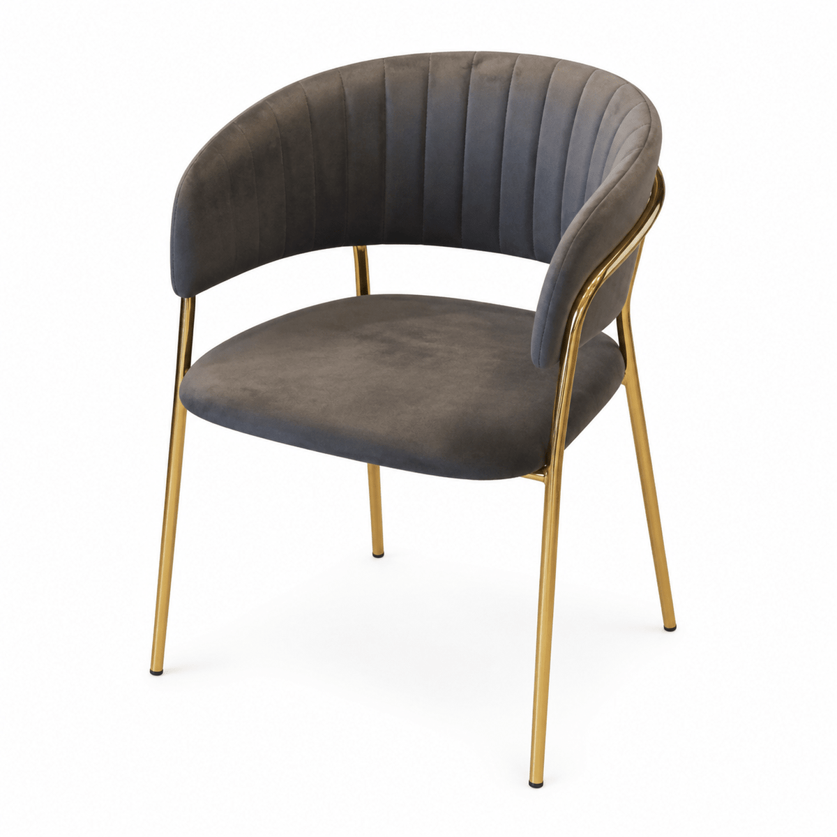 A modern curved dining chair with dark gray velvet upholstery and a polished gold metal frame, shown on a plain white background.