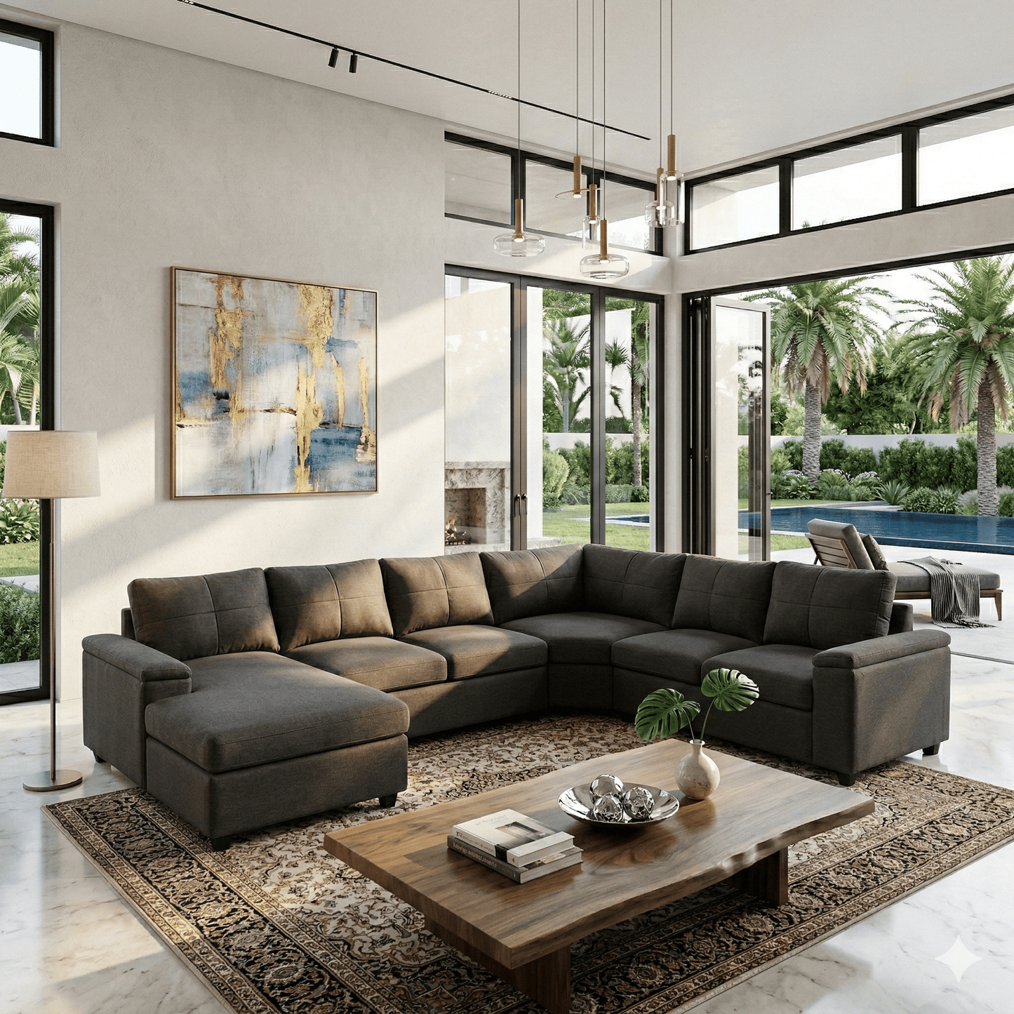 Modern living room with a sectional sofa, coffee table, and large windows.