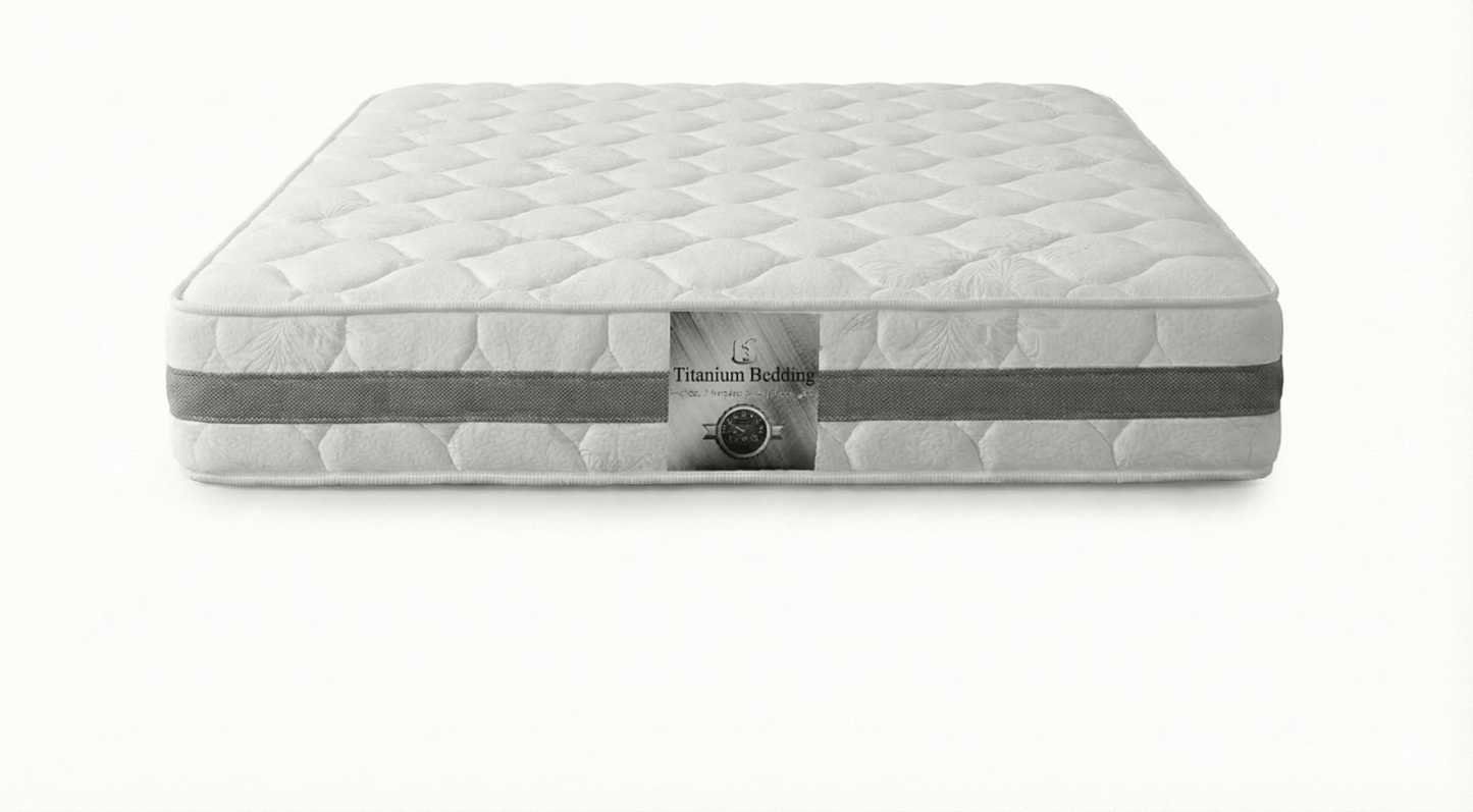 Gray lumbar support mattress with 'Titanium Bedding' branding on a white background