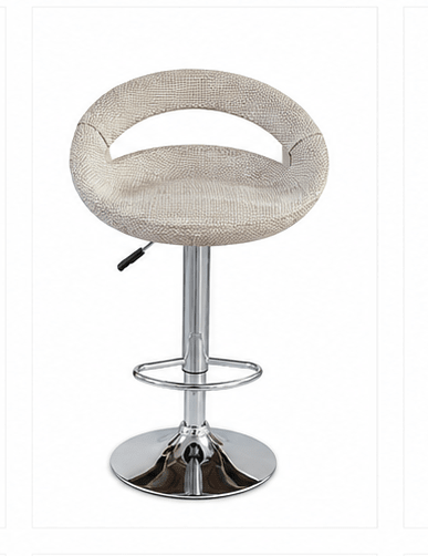 A modern swivel bar stool with a textured beige seat cushion and a polished chrome metal pedestal base with a circular footrest.