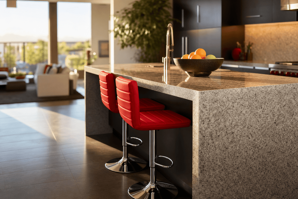 A modern kitchen island with a speckled gray stone countertop, two red bar stools with chrome bases, and a bowl of fruit on the counter, set in a bright contemporary kitchen with dark cabinetry.