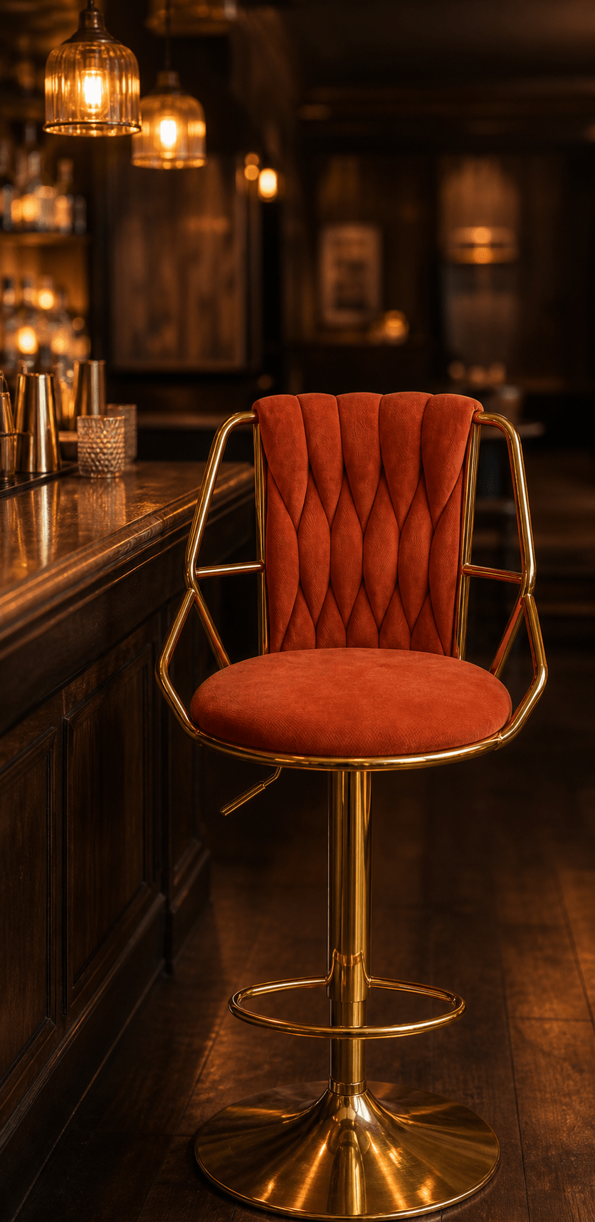 A modern bar stool with a tufted orange velvet seat and backrest, supported by a polished gold metal frame and swivel base, set in a dimly lit bar environment.