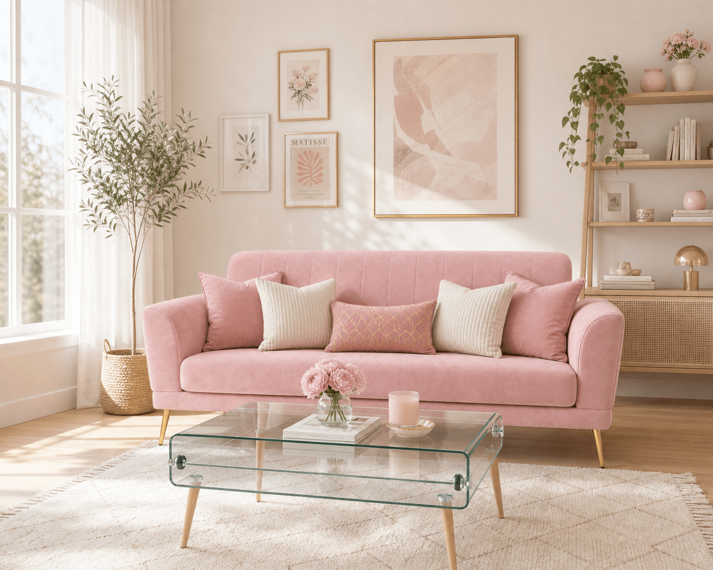 Pink sofa in a living room with a glass coffee table and decorative elements.
