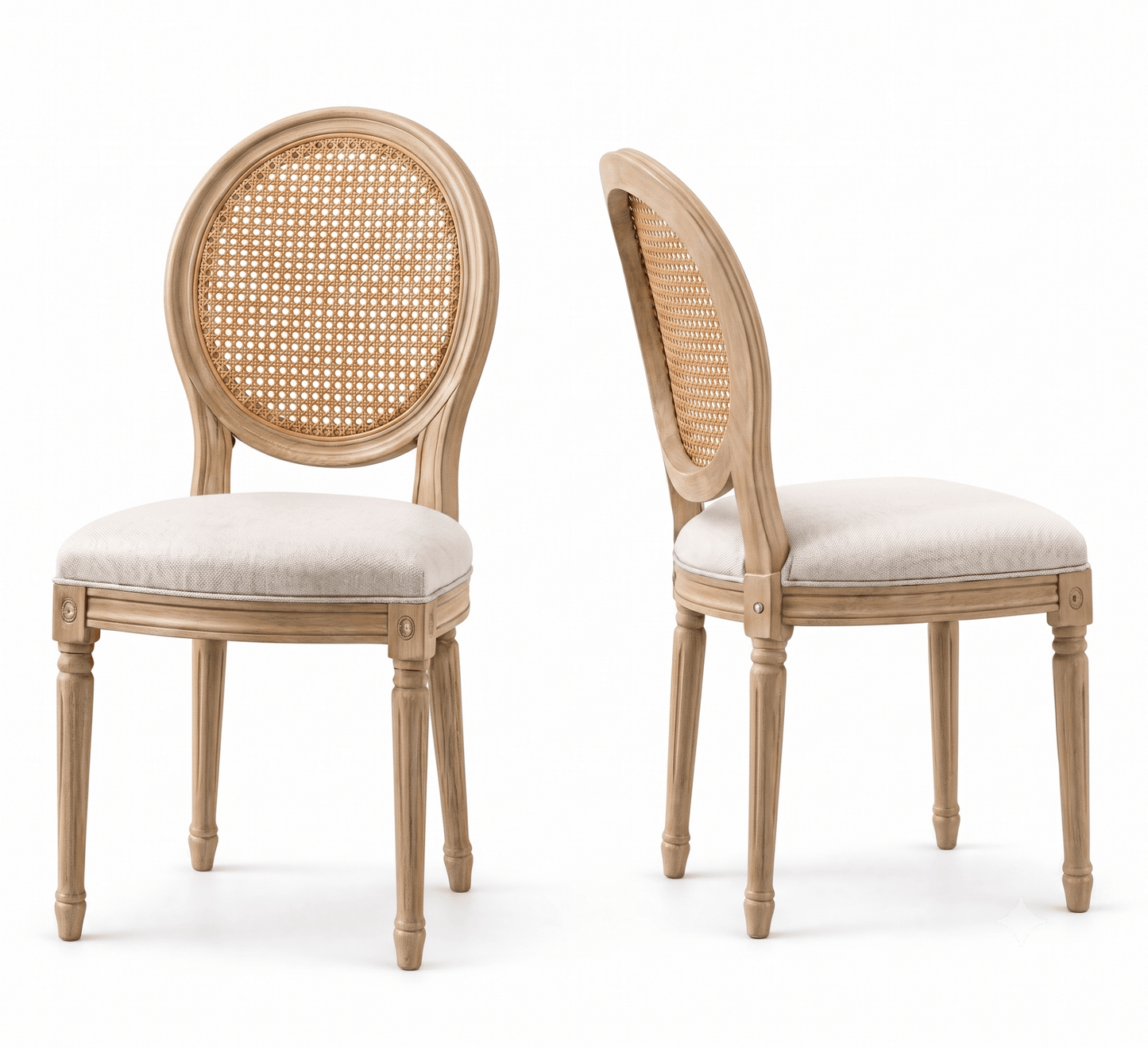 Two wooden chairs with wicker backrests and white cushioned seats on a white background- That Couch Place