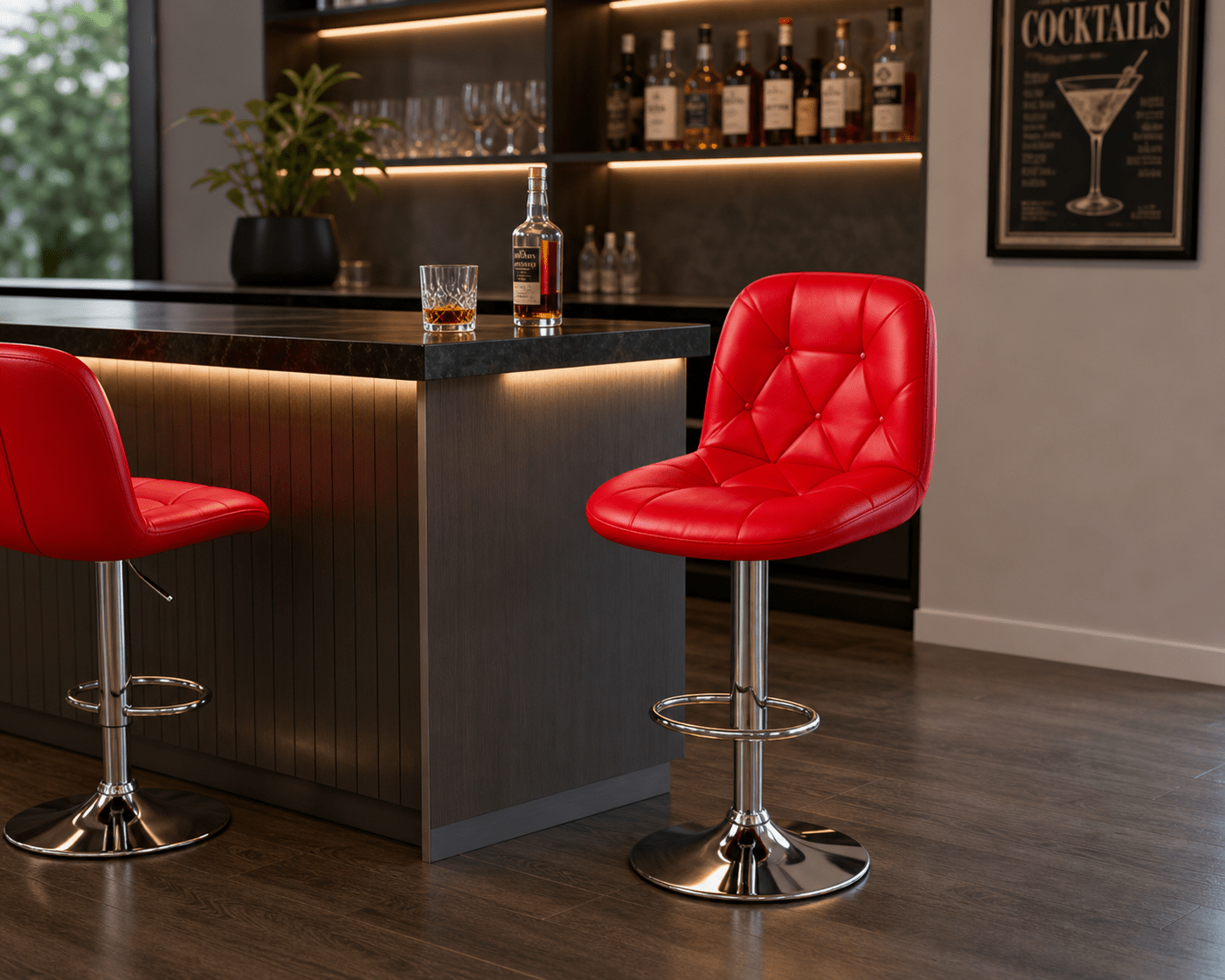 A modern red faux-leather swivel bar stool with tufted upholstery and a chrome pedestal base, shown in a bar or kitchen setting next to a dark countertop and bar island.