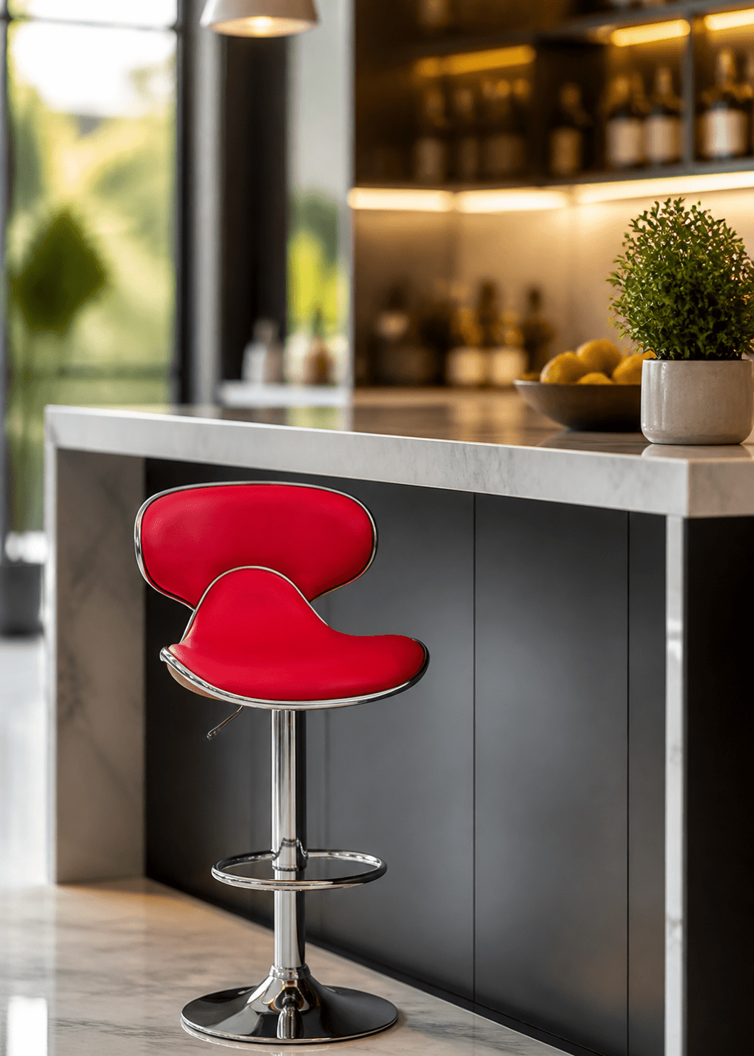 A modern red upholstered bar stool with a chrome pedestal base, positioned in front of a dark kitchen island with a marble countertop.