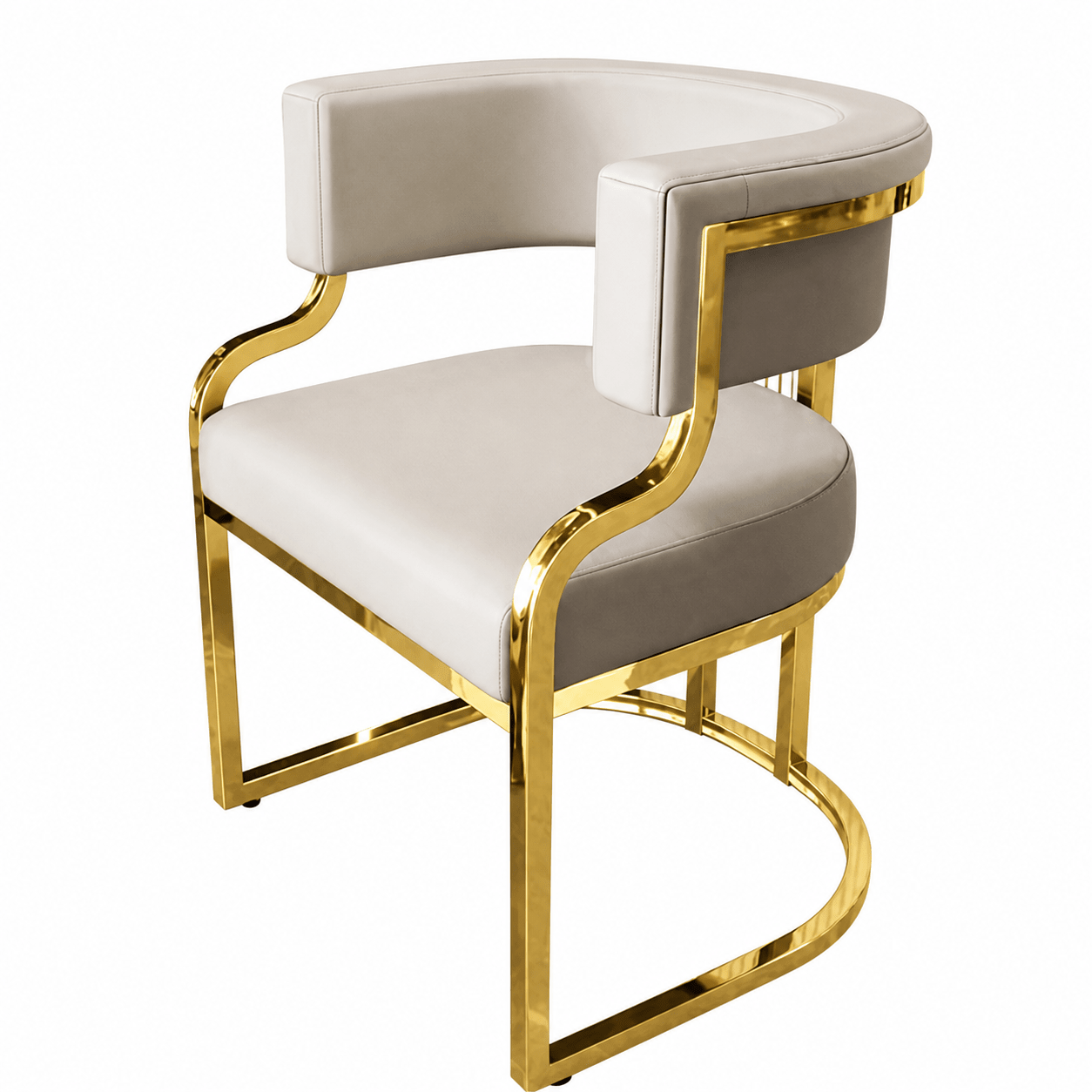 A modern curved armchair with light beige upholstered seat and back cushions, supported by a polished gold-finished metal frame, shown on a plain white background.