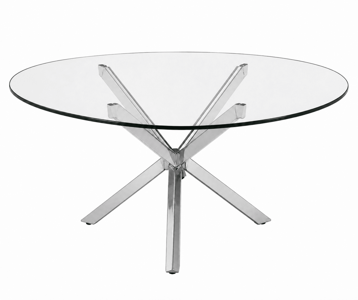 A round glass-top dining table with a polished chrome or stainless steel X-shaped pedestal base, shown on a plain white background.
