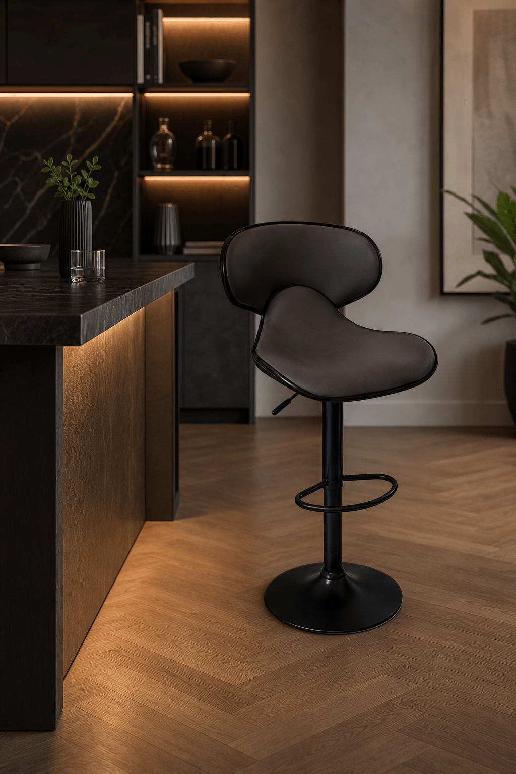A sleek adjustable barstool at a kitchen counter in a brown Pu leather with a black background