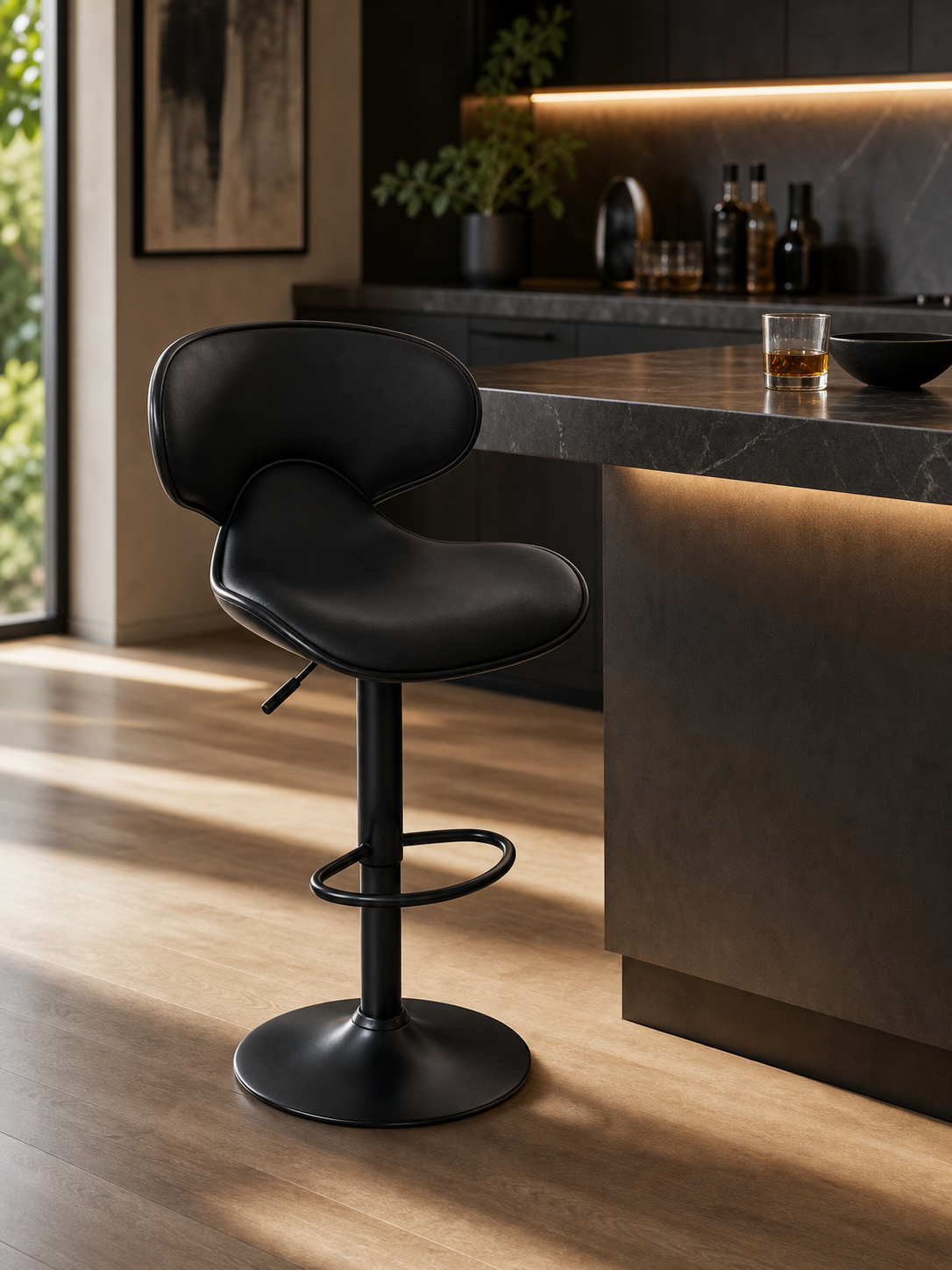 A black bar chair with a supporting back, footrest and a lever to adjust height of the chair.