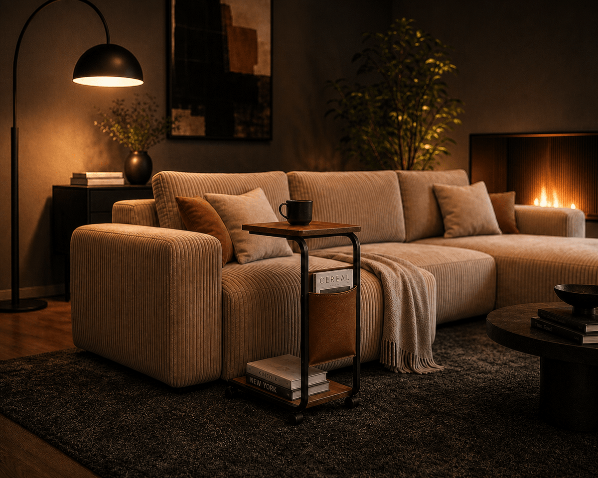 A modern beige corduroy sectional sofa in a cozy, dimly lit living room with a fireplace, floor lamp, and side table.
