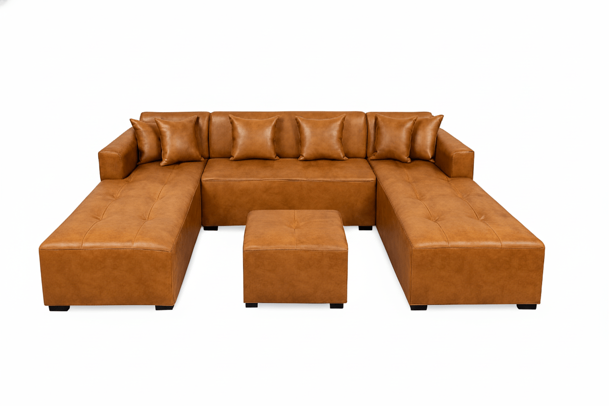 Brown u-shape leather sectional sofa with ottoman on a white background The Couch Place