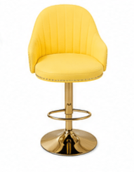 A modern bar stool with a bright yellow tufted upholstered seat and curved backrest, supported by a polished gold-tone metal pedestal base with a footrest ring.
