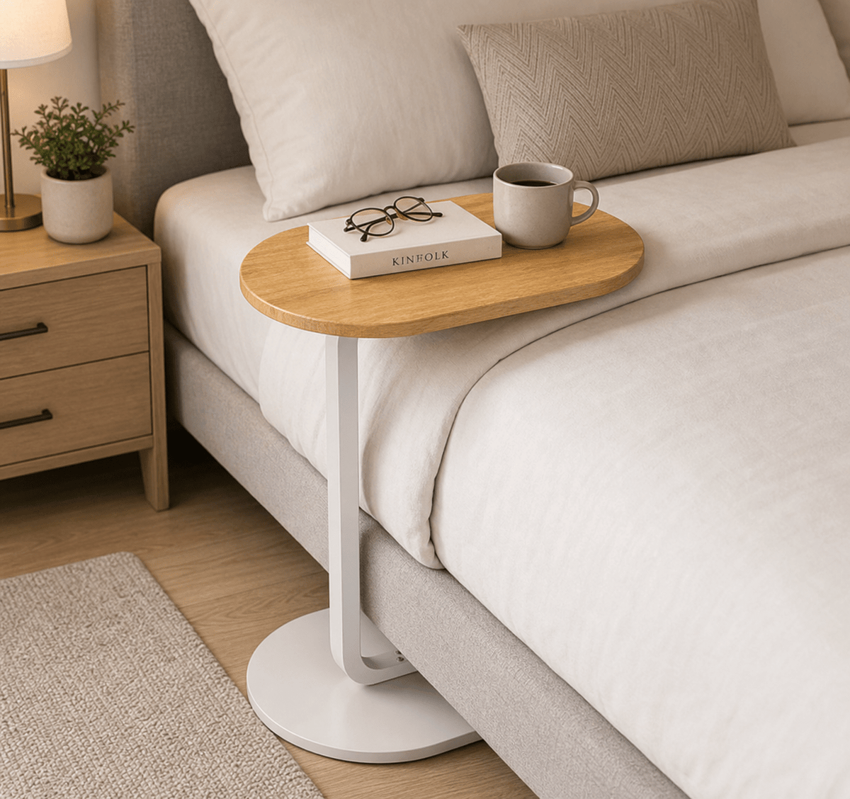 A modern oval bedside table with a light wood top and white curved metal base, styled next to a bed with white linens, a mug, and a book in a bedroom setting.
