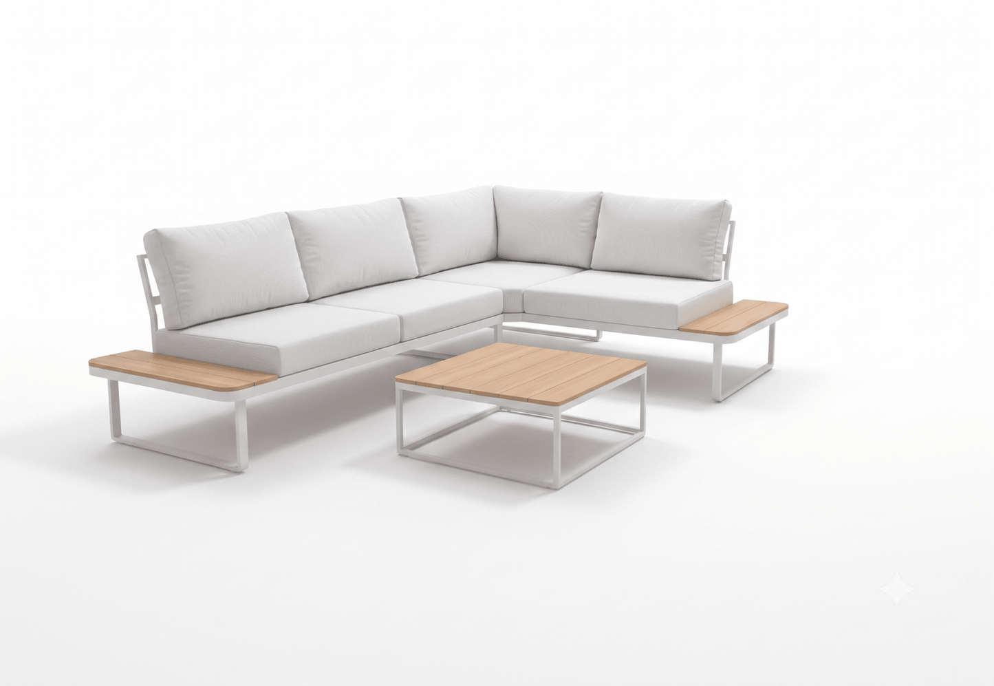 Modern outdoor sofa set with white cushions and wooden tables on a white background