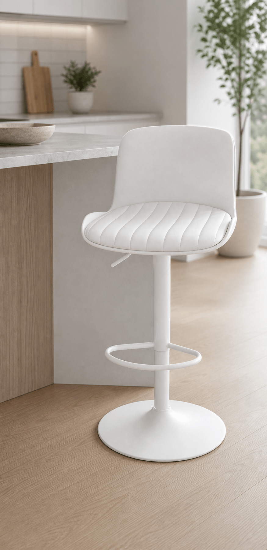White bar chair at a counter with a foot stool and a lever to adjust height in a white environment