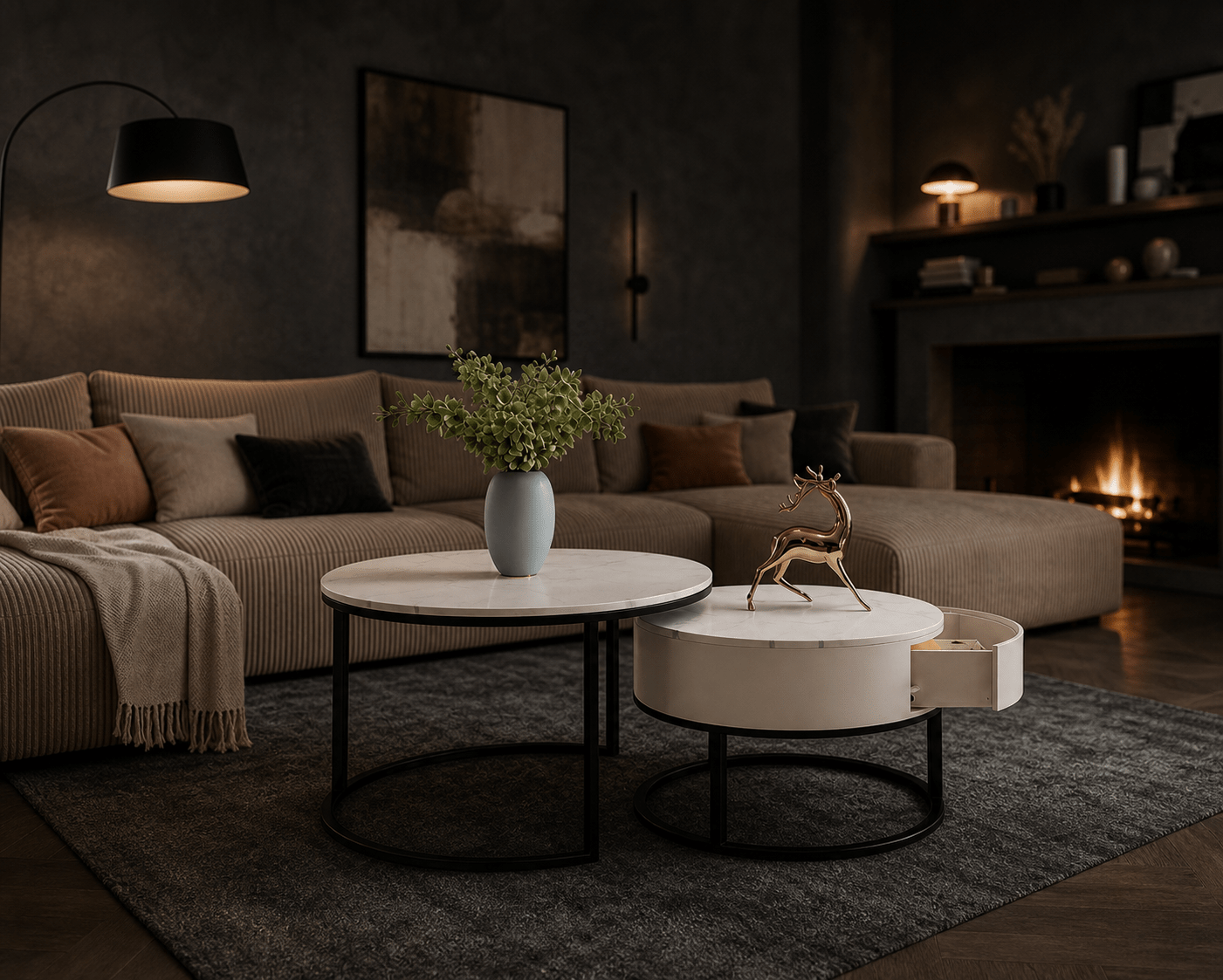 A modern living room scene featuring a beige sectional sofa, two round nesting coffee tables in white and cream, a gray area rug, a black floor lamp, and a fireplace in the background.