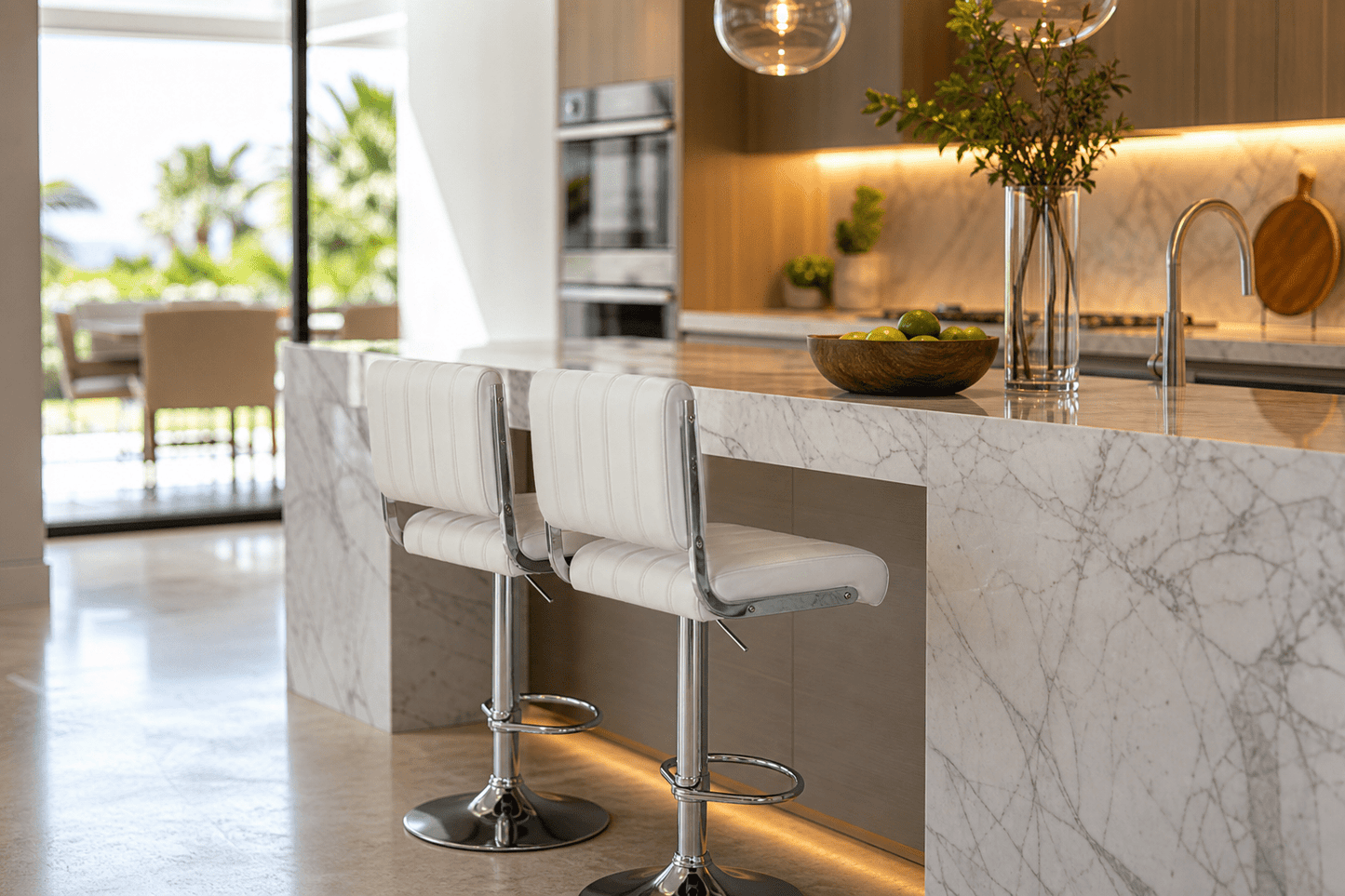 Two modern white leather bar stools with chrome bases set at a kitchen island with a white marble countertop in a bright, contemporary kitchen.