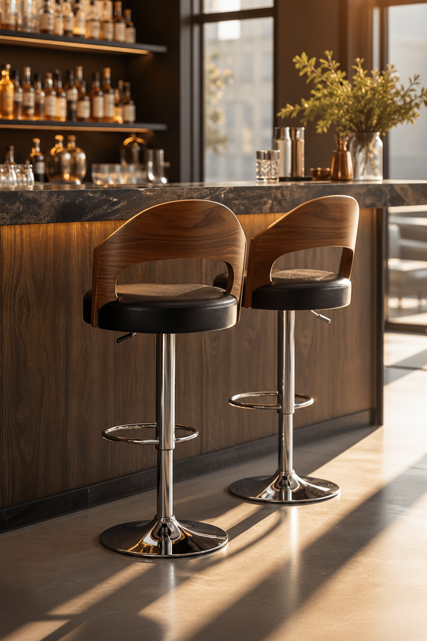 Two modern bar stools with curved wooden backs and black leather seats, positioned in front of a dark wood bar counter in a warmly lit bar interior.