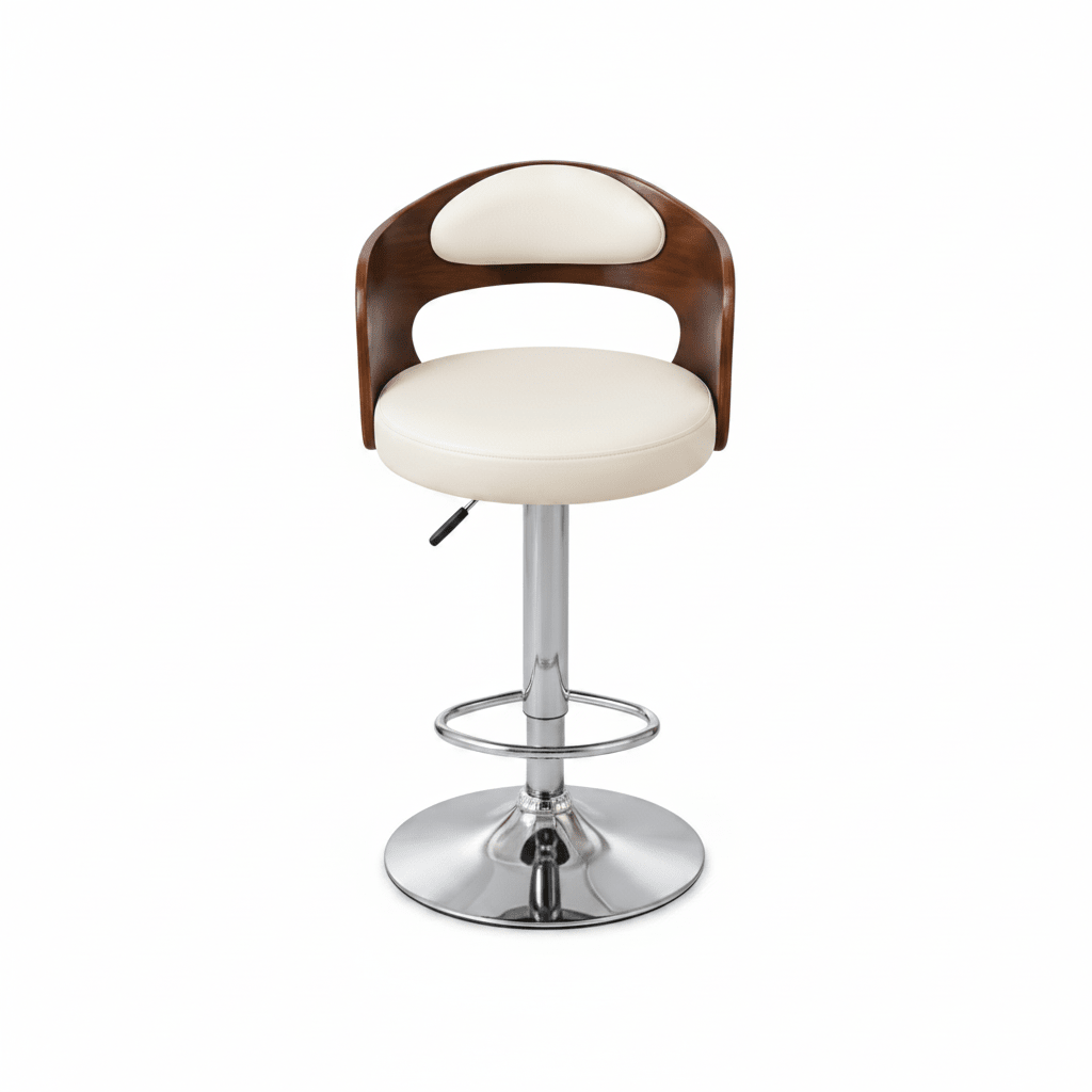 A modern swivel barstool with a cream upholstered seat and backrest, a curved dark brown wooden frame, and a chrome pedestal base with a footrest.