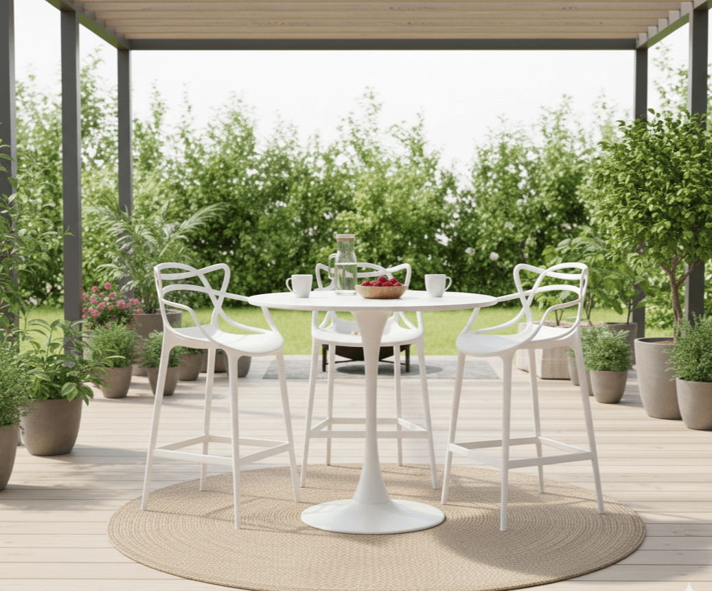 White Bar Chair - Pop Art, for the Masters - On patio with a tulip table and garden background-That Couch Place