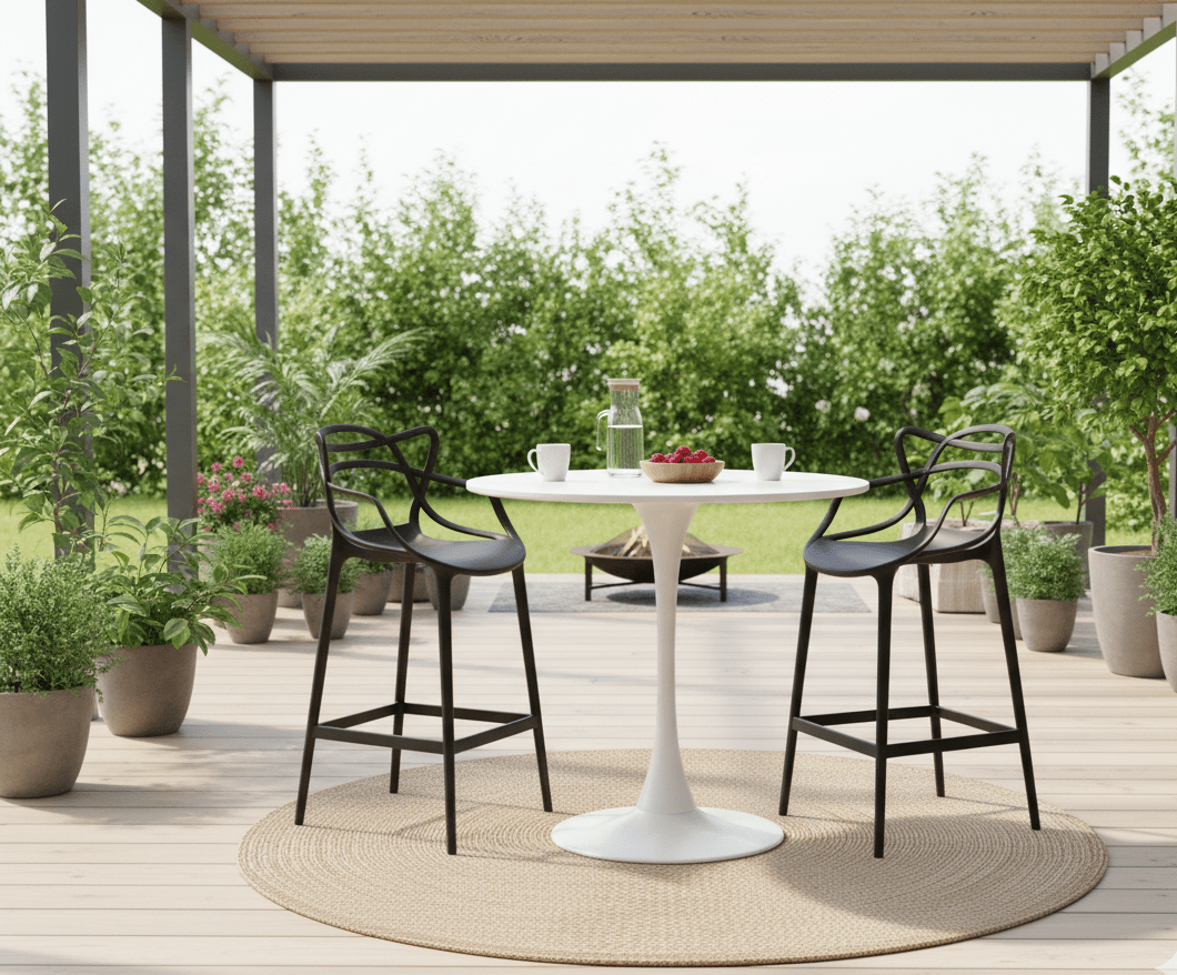 Black Bar Chair - Pop Art, for the Masters on patio scene with tulip table - That Couch Place