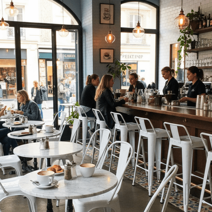 Bar Stool - Classic Steel white Minimalist Chair in restaurant- That Couch Place