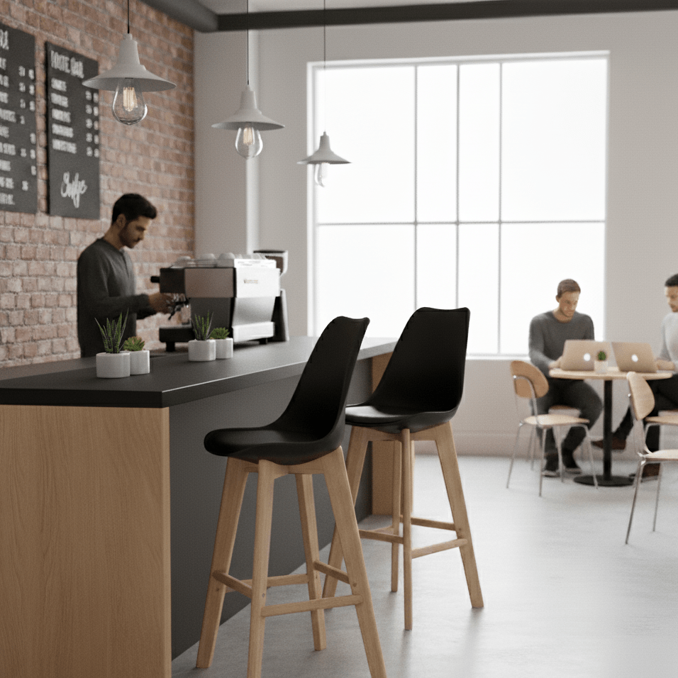 Bar Stool: Modern Retro Padded. Scandinavian - inspired black padded bar chair - That Couch Place