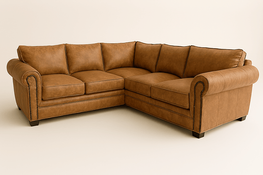 Brown leather sectional sofa on a beige background - That Couch Place