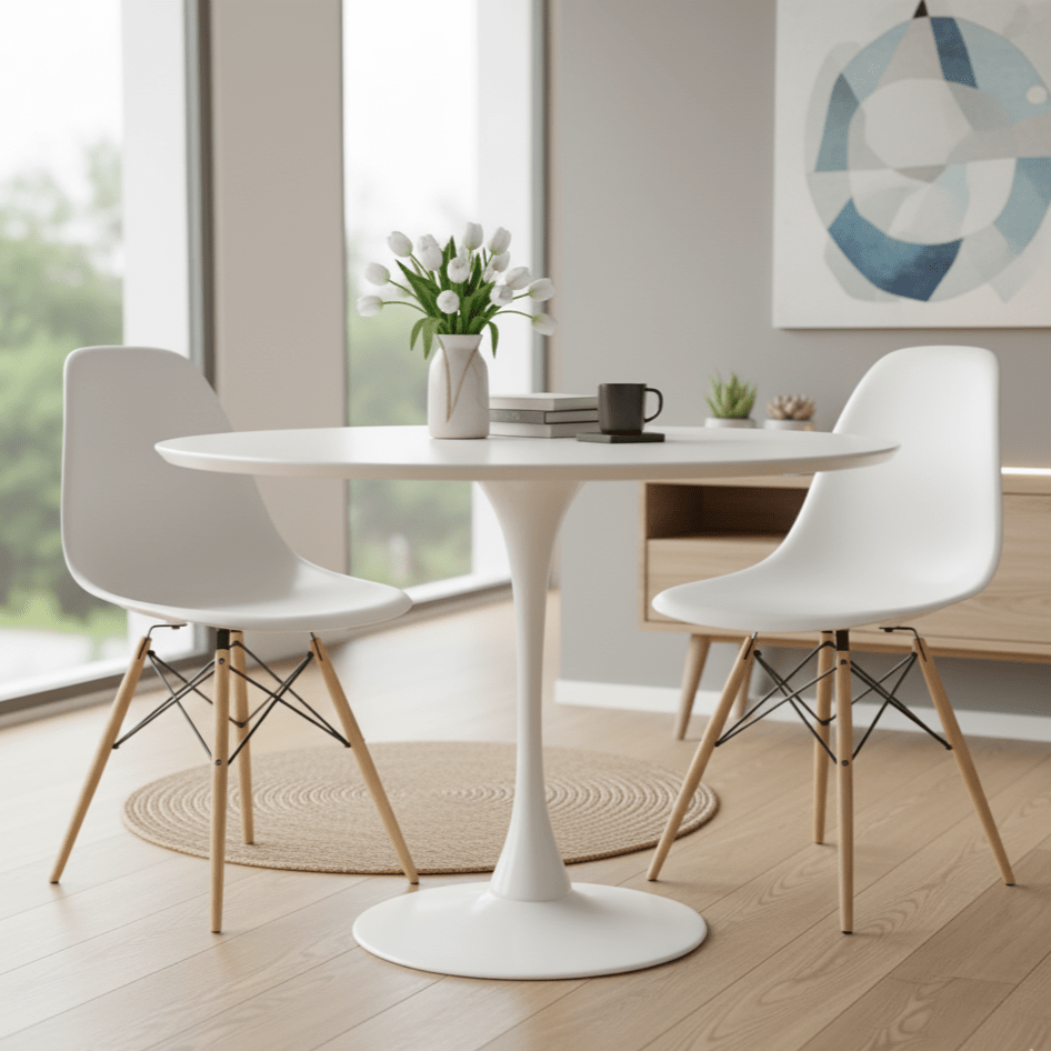 Dining Chair - 2 White Emma chairs at a tulip table in a bistro setting - That Couch Place